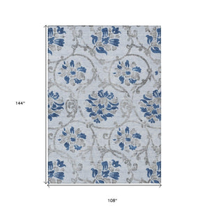HomeRoots 9' Stylish Sky Blue and Gray Floral Area Rug - Durable, Washable Design for Indoor and Outdoor Use 9' X 12' 585662