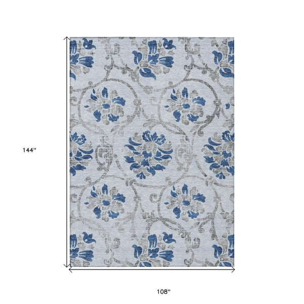 HomeRoots 9' Stylish Sky Blue and Gray Floral Area Rug - Durable, Washable Design for Indoor and Outdoor Use 9' X 12' 585662