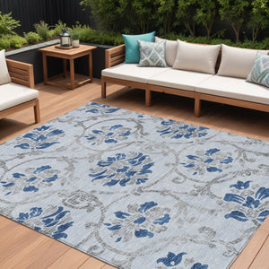 HomeRoots 9' Stylish Sky Blue and Gray Floral Area Rug - Durable, Washable Design for Indoor and Outdoor Use 9' X 12' 585662
