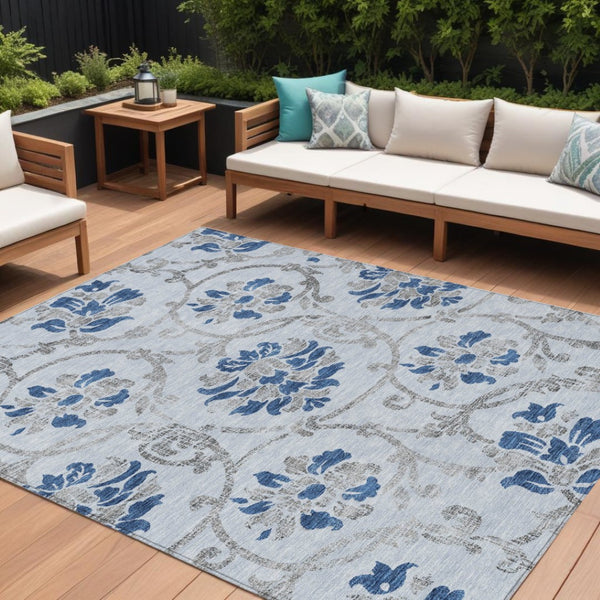 HomeRoots 9' Stylish Sky Blue and Gray Floral Area Rug - Durable, Washable Design for Indoor and Outdoor Use 9' X 12' 585662