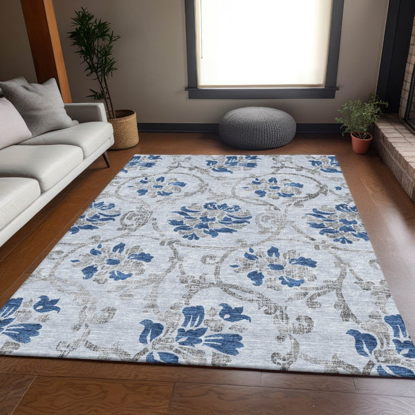 HomeRoots 9' Stylish Sky Blue and Gray Floral Area Rug - Durable, Washable Design for Indoor and Outdoor Use 9' X 12' 585662