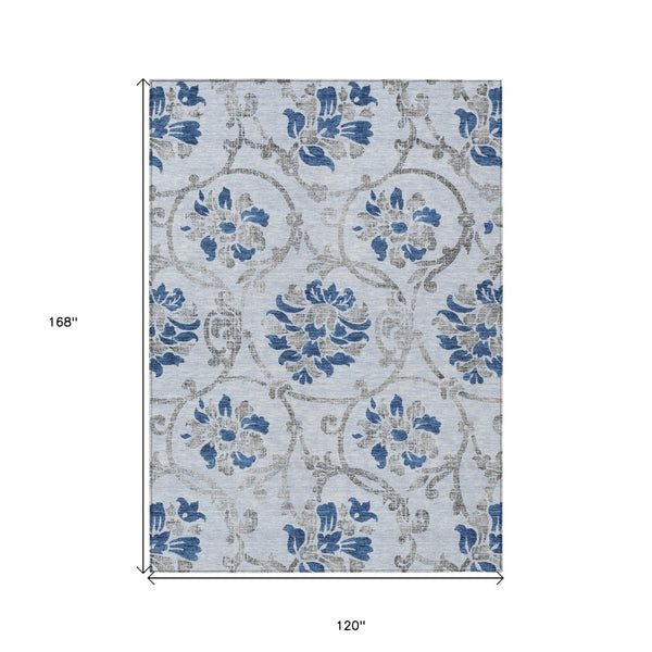 HomeRoots 5' Sky Blue and Gray Floral Area Rug - Durable, Washable Design for Indoor and Outdoor Spaces 10' X 14' 585663