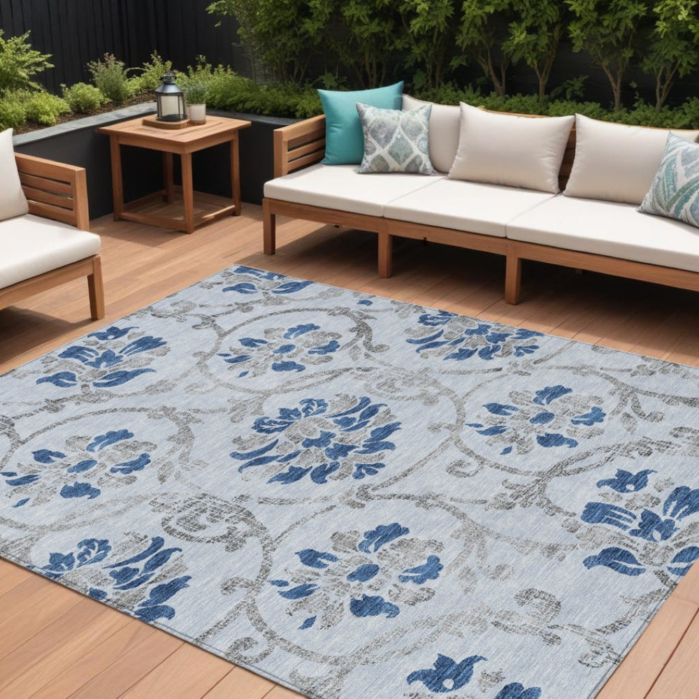 HomeRoots 5' Sky Blue and Gray Floral Area Rug - Durable, Washable Design for Indoor and Outdoor Spaces 10' X 14' 585663