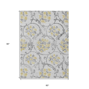 HomeRoots 5' Silver Gray and Gold Floral Area Rug - Elegant, Washable, Indoor/Outdoor Design for Any Space 5' X 8' 585665