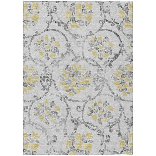 HomeRoots 5' Silver Gray and Gold Floral Area Rug - Elegant, Washable, Indoor/Outdoor Design for Any Space 5' X 8' 585665