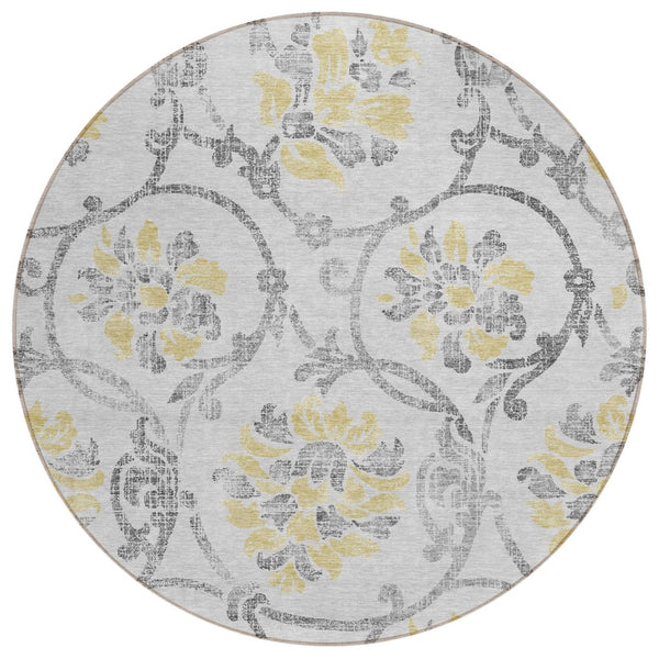 HomeRoots 5' Silver Gray and Gold Floral Area Rug - Elegant, Washable, Indoor/Outdoor Design for Any Space 8' Round 585666