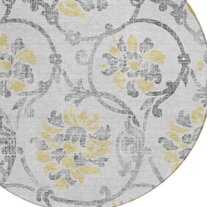 HomeRoots 5' Silver Gray and Gold Floral Area Rug - Elegant, Washable, Indoor/Outdoor Design for Any Space 8' Round 585666
