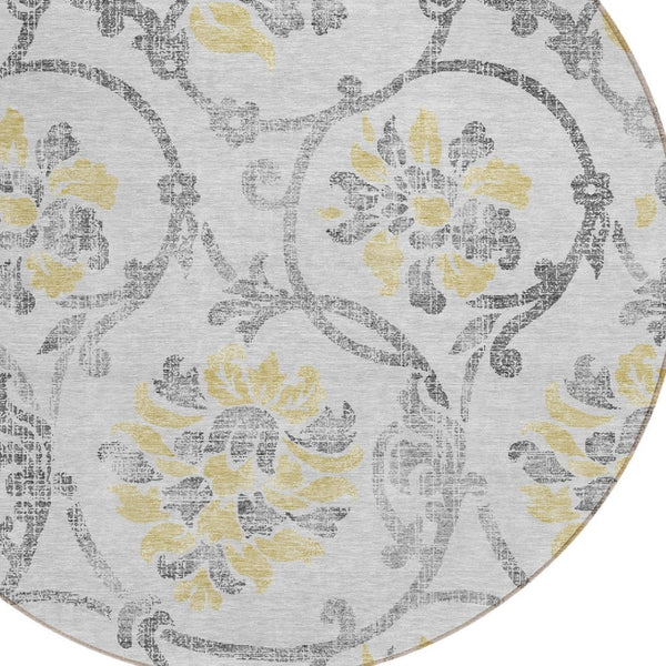 HomeRoots 5' Silver Gray and Gold Floral Area Rug - Elegant, Washable, Indoor/Outdoor Design for Any Space 8' Round 585666