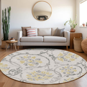 HomeRoots 5' Silver Gray and Gold Floral Area Rug - Elegant, Washable, Indoor/Outdoor Design for Any Space 8' Round 585666