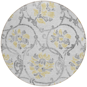 HomeRoots 5' Silver Gray and Gold Floral Area Rug - Elegant, Washable, Indoor/Outdoor Design for Any Space 8' Round 585666
