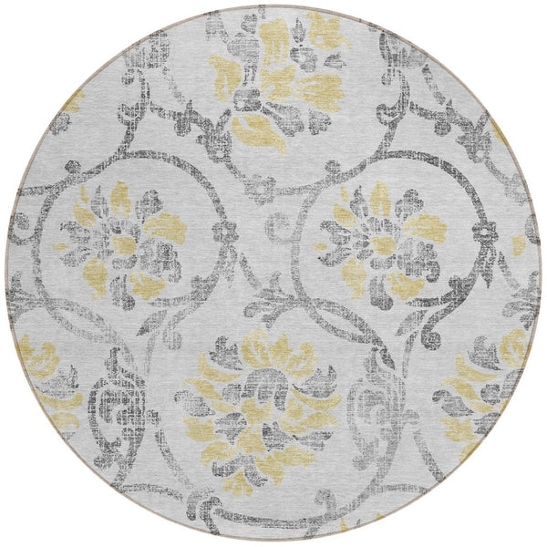 HomeRoots 5' Silver Gray and Gold Floral Area Rug - Elegant, Washable, Indoor/Outdoor Design for Any Space 8' Round 585666