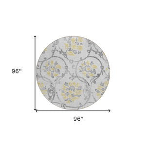 HomeRoots 5' Silver Gray and Gold Floral Area Rug - Elegant, Washable, Indoor/Outdoor Design for Any Space 8' Round 585666