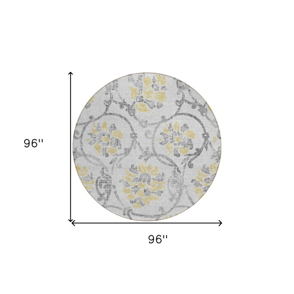 HomeRoots 5' Silver Gray and Gold Floral Area Rug - Elegant, Washable, Indoor/Outdoor Design for Any Space 8' Round 585666