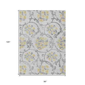 HomeRoots 5' Silver Gray and Gold Floral Area Rug - Elegant, Washable, Indoor/Outdoor Design for Any Space 8' X 10' 585667