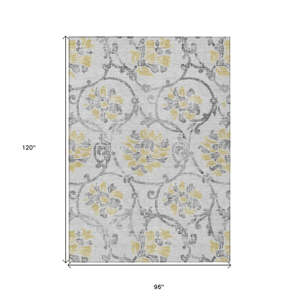 HomeRoots 5' Silver Gray and Gold Floral Area Rug - Elegant, Washable, Indoor/Outdoor Design for Any Space 8' X 10' 585667