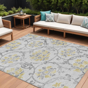HomeRoots 5' Silver Gray and Gold Floral Area Rug - Elegant, Washable, Indoor/Outdoor Design for Any Space 8' X 10' 585667