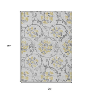 HomeRoots 9' Silver Gray and Gold Floral Area Rug - Elegant, Washable, Durable for Indoor and Outdoor Use 9' X 12' 585668