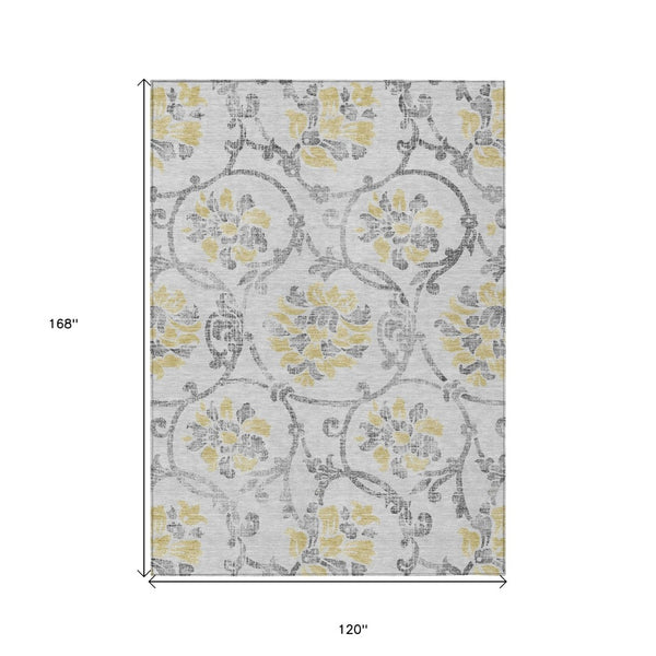 HomeRoots 5' Silver Gray and Gold Floral Area Rug - Elegant, Washable, Indoor/Outdoor Design for Any Space 10' X 14' 585669