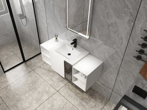 English Elm 48" Floating Bathroom Vanity with Ceramic Sink Soft Close Doors and Grey Glass Panel W999S00529