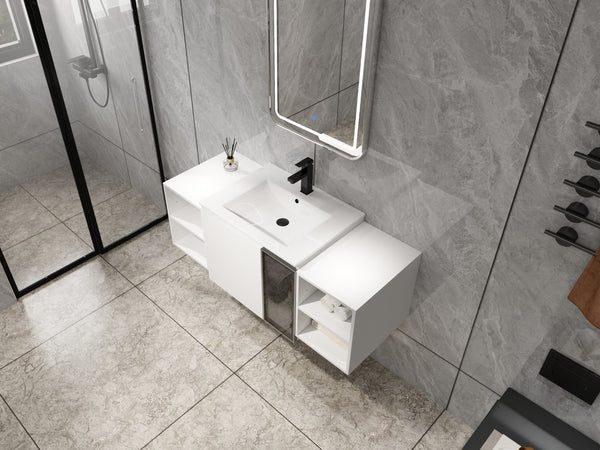 English Elm 48" Floating Bathroom Vanity with Ceramic Sink Soft Close Doors and Grey Glass Panel W999S00529