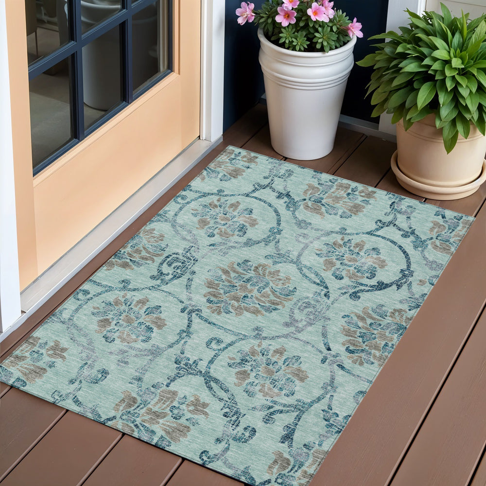 Homeroots 3' Beige Tan And Blue Floral Washable Area Rug - Versatile Indoor-outdoor Decor For Any Space 3' X 5' Polyester 585670