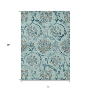 HomeRoots 5' Elegant Teal Blue Gray Aqua Floral Area Rug - Durable, Washable, Indoor & Outdoor Use, Easy Care 5' X 8' 585671