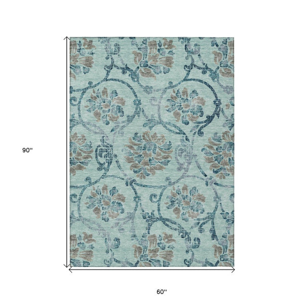 HomeRoots 5' Elegant Teal Blue Gray Aqua Floral Area Rug - Durable, Washable, Indoor & Outdoor Use, Easy Care 5' X 8' 585671