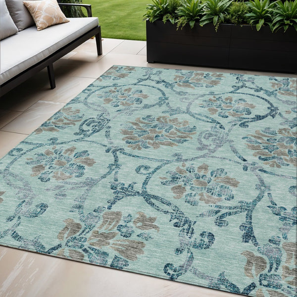 HomeRoots 5' Elegant Teal Blue Gray Aqua Floral Area Rug - Durable, Washable, Indoor & Outdoor Use, Easy Care 5' X 8' 585671