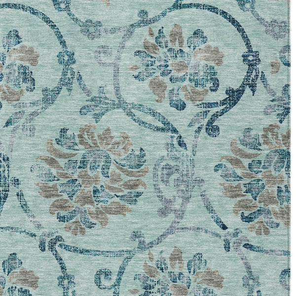 HomeRoots 5' Elegant Teal Blue Gray Aqua Floral Area Rug - Durable, Washable, Indoor & Outdoor Use, Easy Care 5' X 8' 585671