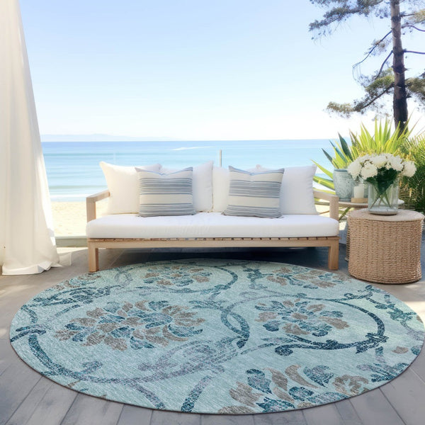 HomeRoots 5' Elegant Teal Blue Gray Aqua Floral Area Rug - Durable, Washable, Indoor & Outdoor Use, Easy Care 8' Round 585672