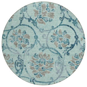 HomeRoots 5' Elegant Teal Blue Gray Aqua Floral Area Rug - Durable, Washable, Indoor & Outdoor Use, Easy Care 8' Round 585672