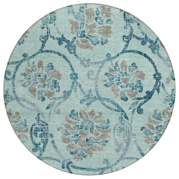 HomeRoots 5' Elegant Teal Blue Gray Aqua Floral Area Rug - Durable, Washable, Indoor & Outdoor Use, Easy Care 8' Round 585672