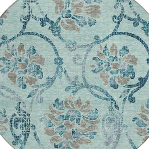 HomeRoots 5' Elegant Teal Blue Gray Aqua Floral Area Rug - Durable, Washable, Indoor & Outdoor Use, Easy Care 8' Round 585672