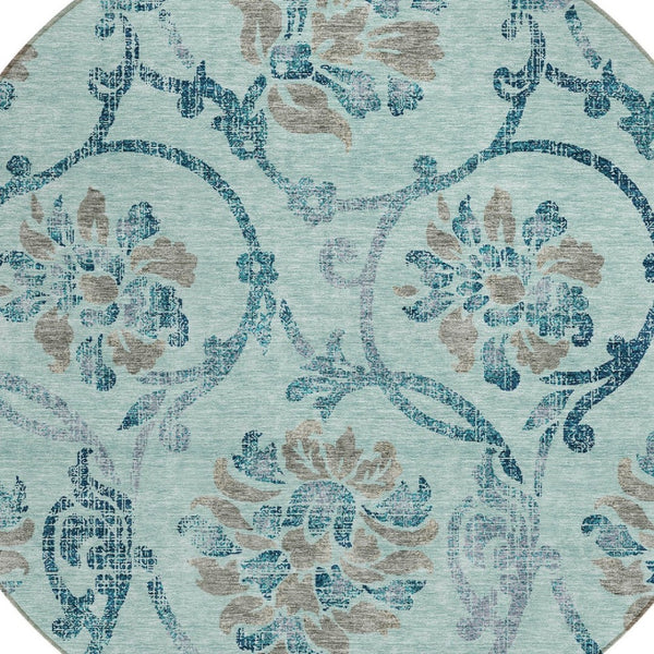 HomeRoots 5' Elegant Teal Blue Gray Aqua Floral Area Rug - Durable, Washable, Indoor & Outdoor Use, Easy Care 8' Round 585672