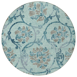 HomeRoots 5' Elegant Teal Blue Gray Aqua Floral Area Rug - Durable, Washable, Indoor & Outdoor Use, Easy Care 8' Round 585672