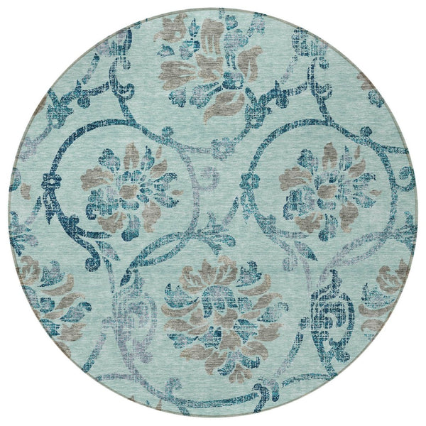 HomeRoots 5' Elegant Teal Blue Gray Aqua Floral Area Rug - Durable, Washable, Indoor & Outdoor Use, Easy Care 8' Round 585672