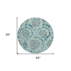 HomeRoots 5' Elegant Teal Blue Gray Aqua Floral Area Rug - Durable, Washable, Indoor & Outdoor Use, Easy Care 8' Round 585672