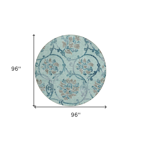 HomeRoots 5' Elegant Teal Blue Gray Aqua Floral Area Rug - Durable, Washable, Indoor & Outdoor Use, Easy Care 8' Round 585672
