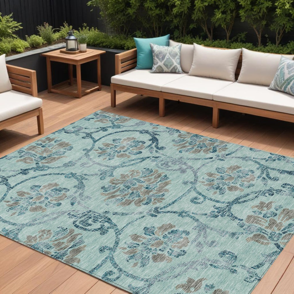 HomeRoots 9' Durable Floral Area Rug in Teal, Blue, Gray & Aqua for Indoor/Outdoor Elegance & Easy Care 9' X 12' 585674