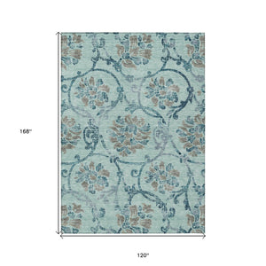 HomeRoots 5' Elegant Teal Blue Gray Aqua Floral Area Rug - Durable, Washable, Indoor & Outdoor Use, Easy Care 10' X 14' 585675