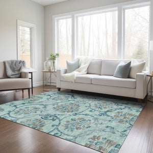 HomeRoots 5' Elegant Teal Blue Gray Aqua Floral Area Rug - Durable, Washable, Indoor & Outdoor Use, Easy Care 10' X 14' 585675