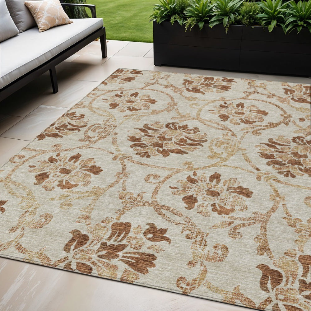 HomeRoots 5' Terra Cotta Copper Beige Floral Area Rug – Stylish Washable Design for Indoor or Outdoor Use 5' X 8' 585677