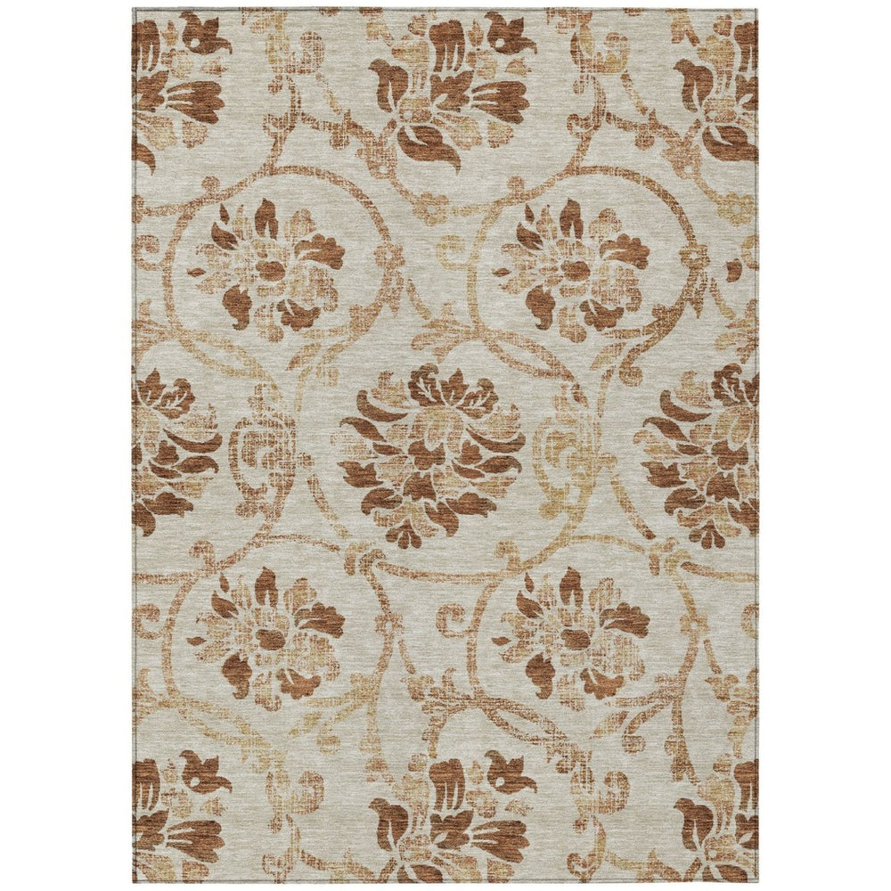 HomeRoots 5' Terra Cotta Copper Beige Floral Area Rug – Stylish Washable Design for Indoor or Outdoor Use 5' X 8' 585677