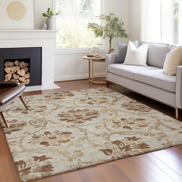 HomeRoots 5' Terra Cotta Copper Beige Floral Area Rug – Stylish Washable Design for Indoor or Outdoor Use 5' X 8' 585677