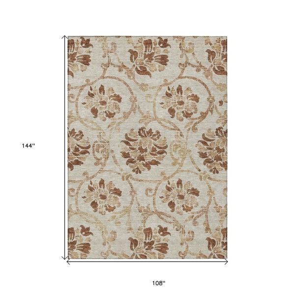 HomeRoots 9' Terra Cotta Floral Area Rug - Durable, Washable Design for Indoor & Outdoor Spaces, Timeless Style 9' X 12' 585680