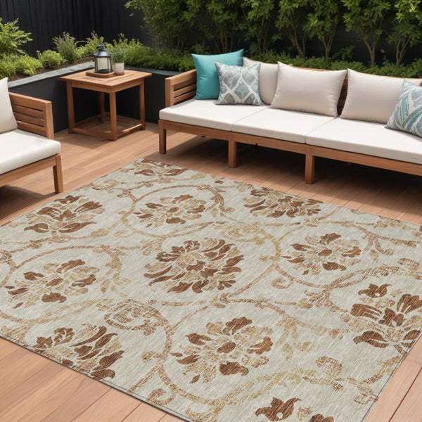 HomeRoots 9' Terra Cotta Floral Area Rug - Durable, Washable Design for Indoor & Outdoor Spaces, Timeless Style 9' X 12' 585680