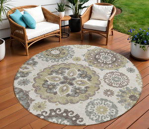 Homeroots 3' Beige Taupe And Brown Floral Medallion Rug - Washable Indoor Outdoor Area For Versatile Spaces 8' Round Polyester 585684