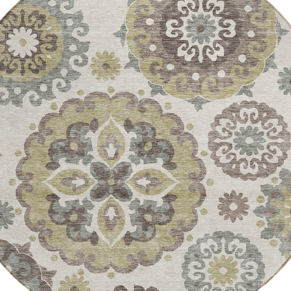 Homeroots 3' Beige Taupe And Brown Floral Medallion Rug - Washable Indoor Outdoor Area For Versatile Spaces 8' Round Polyester 585684