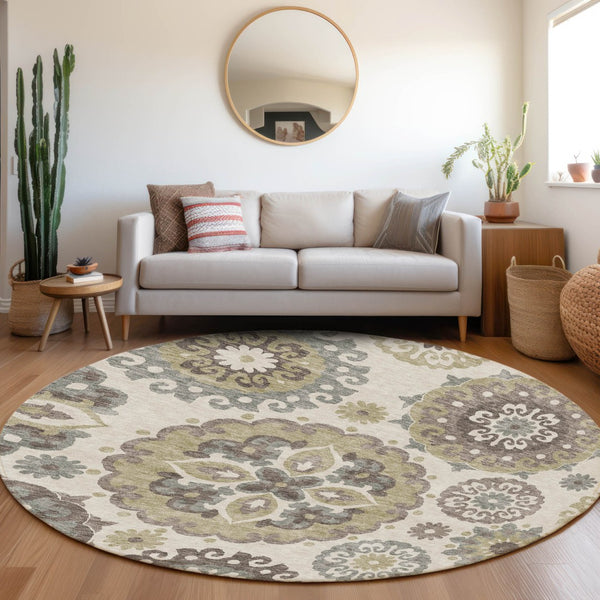 Homeroots 3' Beige Taupe And Brown Floral Medallion Rug - Washable Indoor Outdoor Area For Versatile Spaces 8' Round Polyester 585684