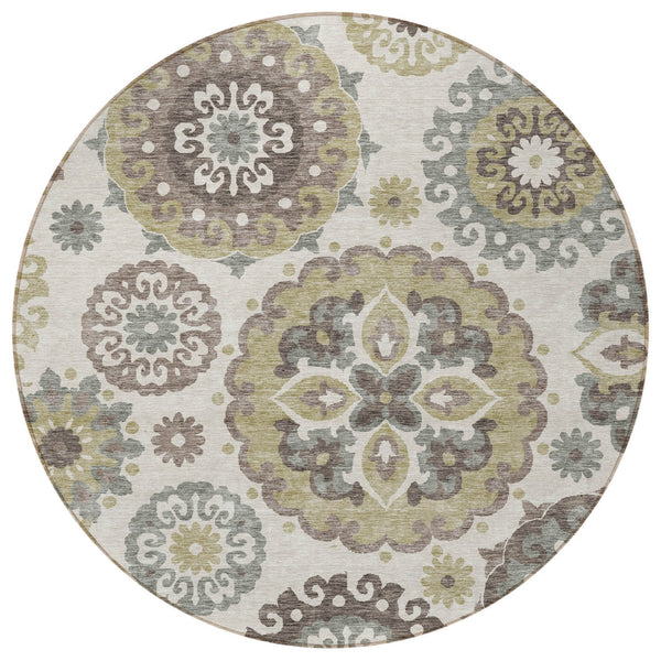 Homeroots 3' Beige Taupe And Brown Floral Medallion Rug - Washable Indoor Outdoor Area For Versatile Spaces 8' Round Polyester 585684